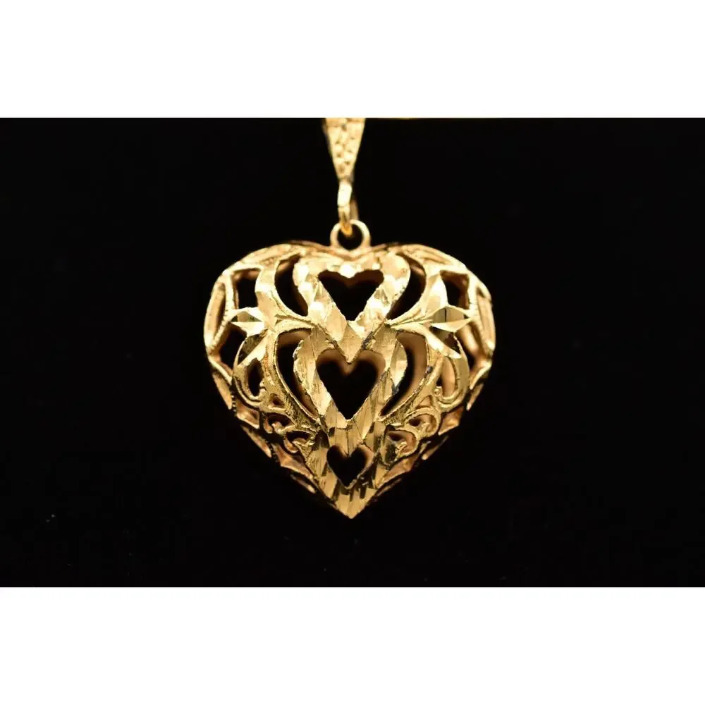 Vintage Collar Choker Necklace Filigree Heart Puffy Pendant Chunky 1980s BinA17
